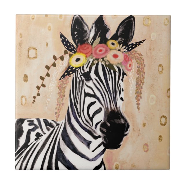 Klimt Zebra | Crown Of Flowers Ceramic Tile (Front)