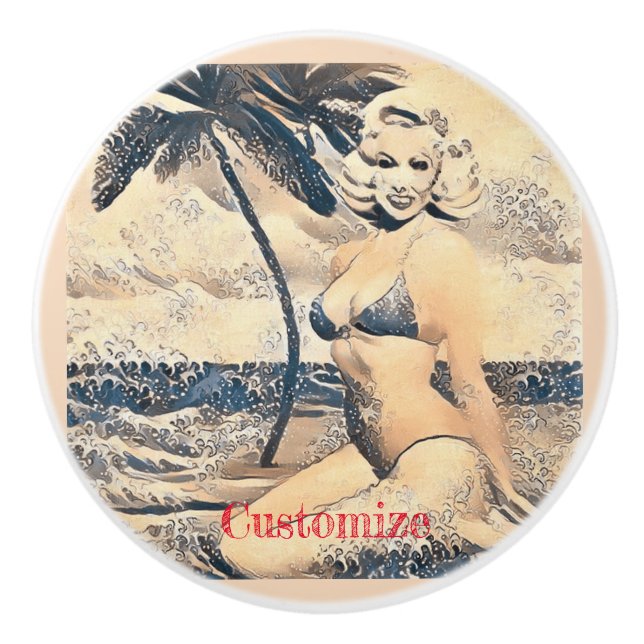 Kneeling Blonde Bikini Model Thunder_Cove Ceramic Knob (Front)