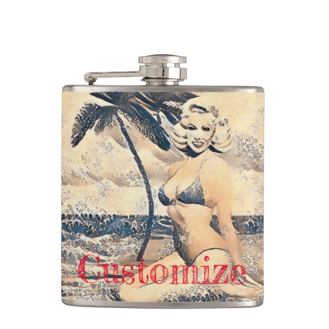 Kneeling Blonde Bikini Model Thunder_Cove Hip Flask (Front)