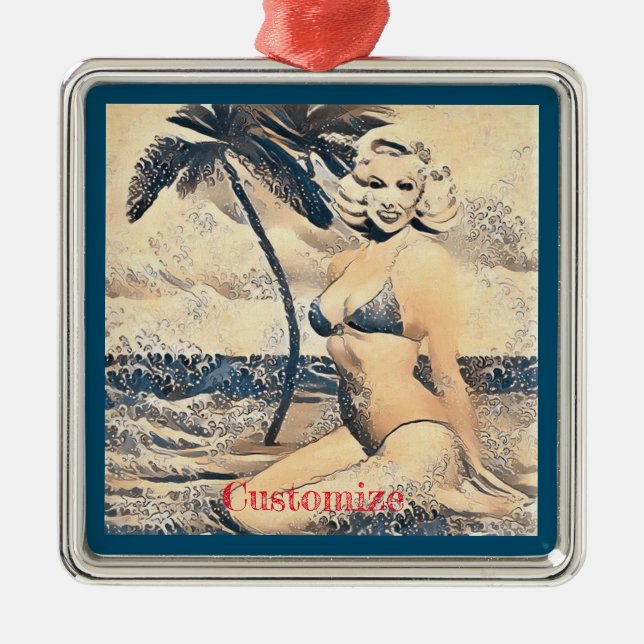 Kneeling Blonde Bikini Model Thunder_Cove Metal Ornament (Front)