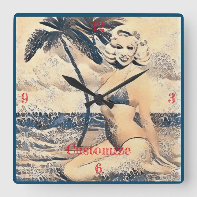 Kneeling Blonde Bikini Model Thunder_Cove Square Wall Clock (Front)