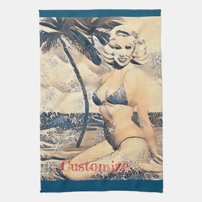 Kneeling Blonde Bikini Model Thunder_Cove Tea Towel (Vertical)