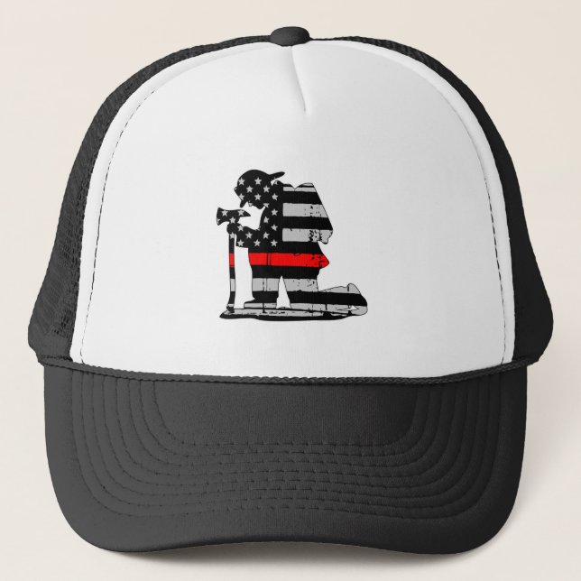 Kneeling Firefighter Thin Red Line Trucker Hat (Front)