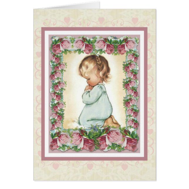 Kneeling praying little girl w/pink roses card (Front)