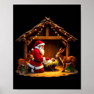 Kneeling Santa Claus & Baby Jesus Merry Christ Poster