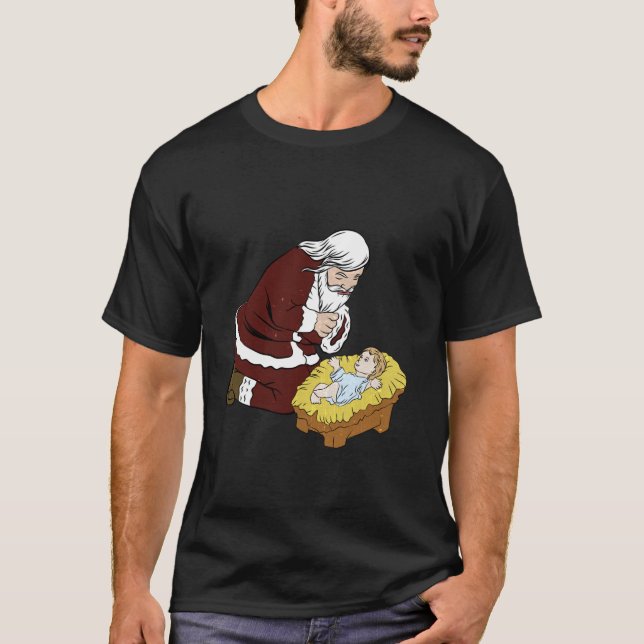 Kneeling Santa Claus With Baby Jesus Christmas Gif T-Shirt (Front)