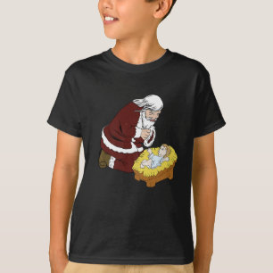 Kneeling Santa Claus With Baby Jesus T- Christmas T-Shirt