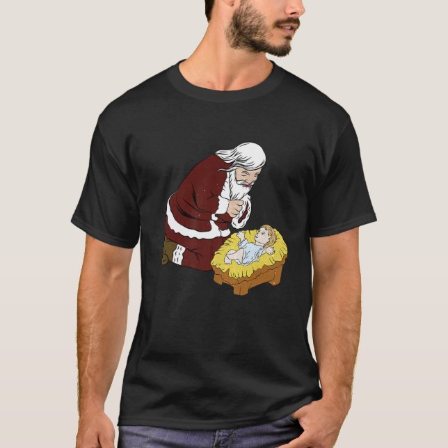 Kneeling Santa Claus With Baby Jesus T- Christmas T-Shirt (Front)