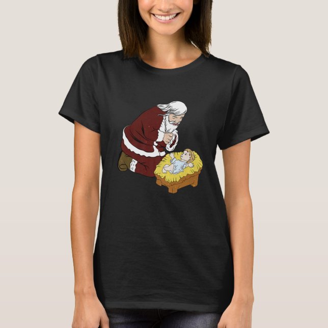 Kneeling Santa Claus With Baby Jesus T- Christmas T-Shirt (Front)