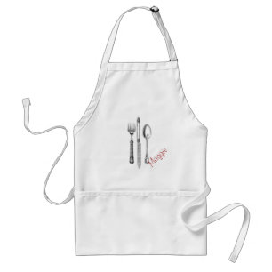 Knife Fork Spoon Apron with Name; Black & White