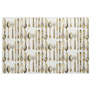 Knife fork spoon gold white fabric