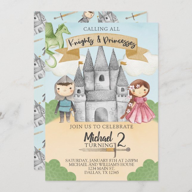 Knight and Princess Birthday Party Invitation (Front/Back)