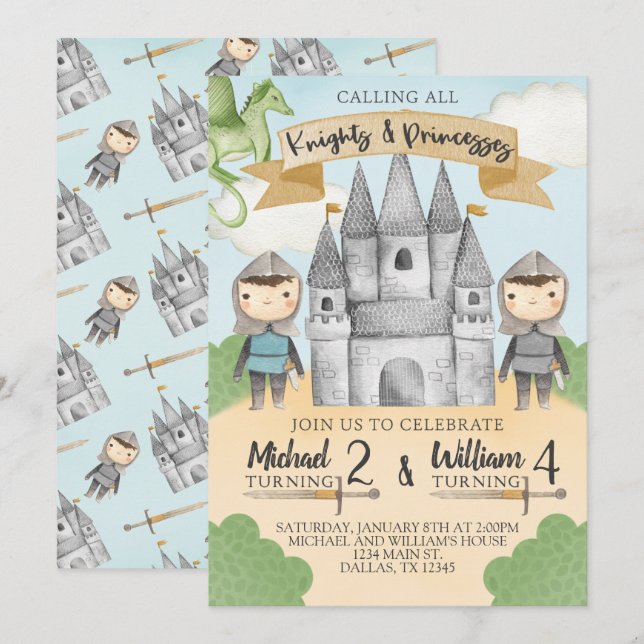 Knight and Princess Birthday Party Invitation Boy (Front/Back)
