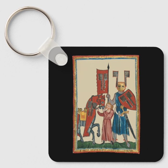 Knight and Squire, 14th Century Mediaeval Art Key Ring (Front)
