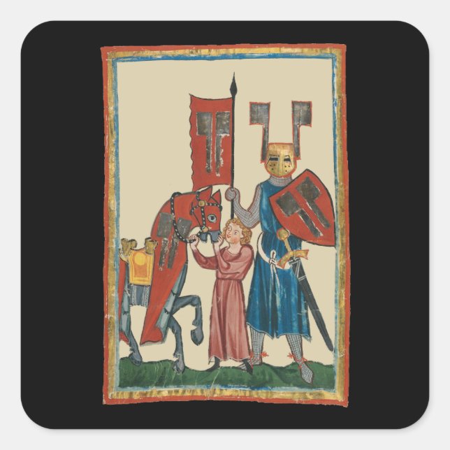 Knight and Squire, 14th Century Mediaeval Art Square Sticker (Front)
