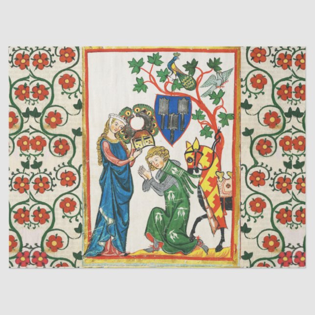 KNIGHT BEING ARMED BY HIS LADY ,MEDIEVAL MINIATURE TISSUE PAPER (Front)