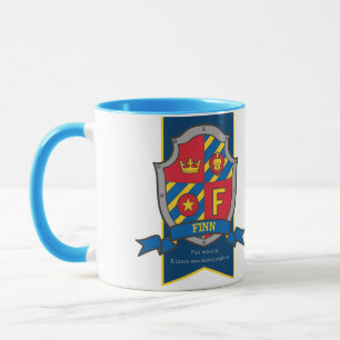 Knight crest red blue name meaning Finn F mug