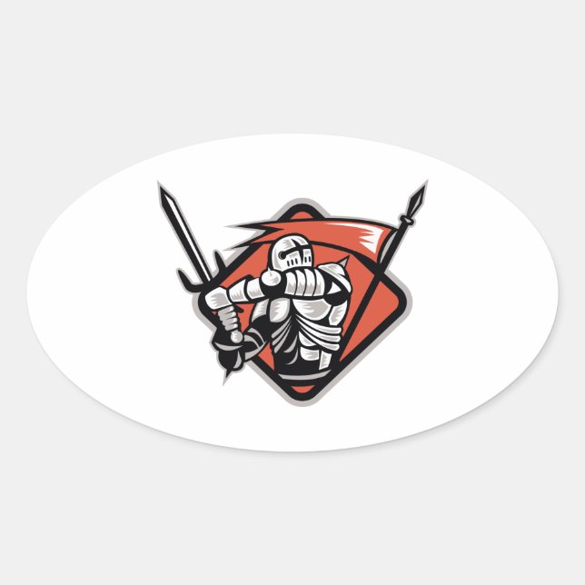 Knight Crusader With Sword Flag Retro Oval Sticker (Front)