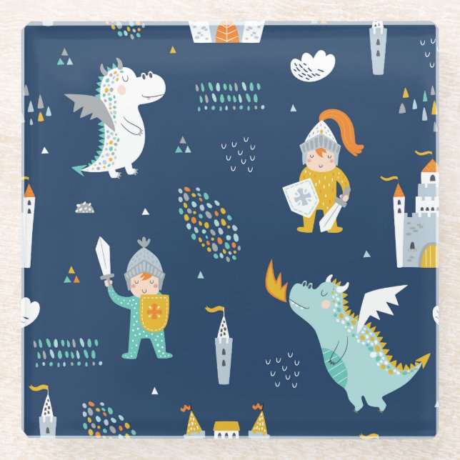 Knight Dragon Castle Childish Pattern Glass Coaster (Front)