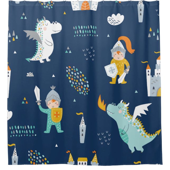 Knight Dragon Castle Childish Pattern Shower Curtain (Front)