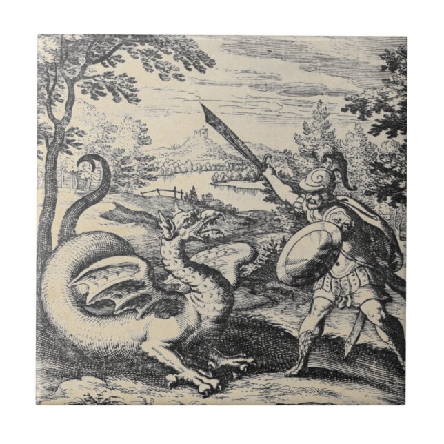Knight in Armour Slaying the Dragon Ceramic Tile (Front)
