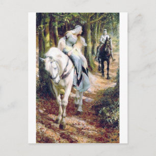 Knight lady white horse mediaeval romantic postcard