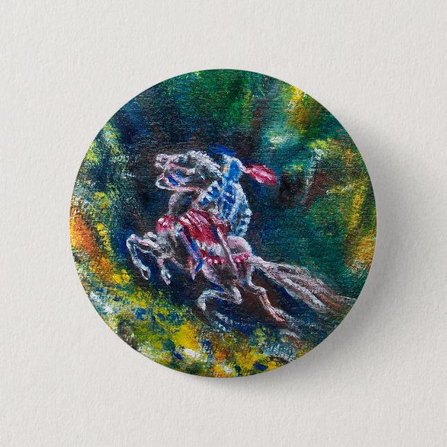 KNIGHT LANCELOT ,HORSE RIDING IN GREEN FOREST 6 CM ROUND BADGE (Front)