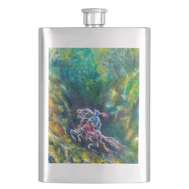 KNIGHT LANCELOT ,HORSE RIDING IN GREEN FOREST HIP FLASK (Front)