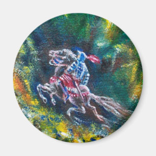 KNIGHT LANCELOT ,HORSE RIDING IN GREEN FOREST MAGNET