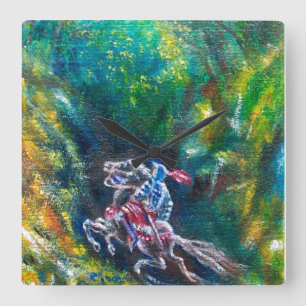 KNIGHT LANCELOT ,HORSE RIDING IN GREEN FOREST SQUARE WALL CLOCK