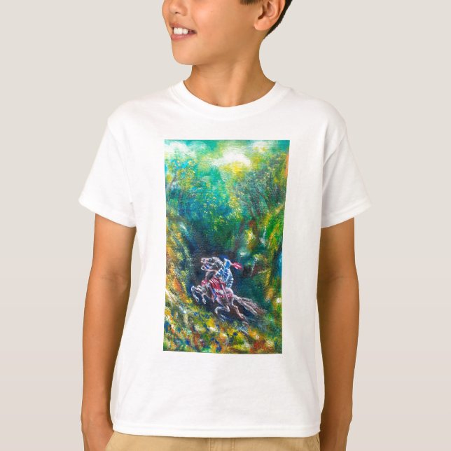 KNIGHT LANCELOT ,HORSE RIDING IN GREEN FOREST T-Shirt (Front)