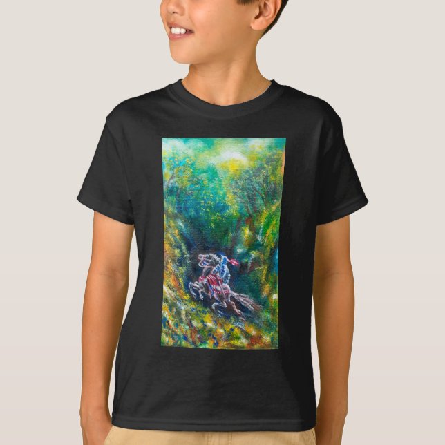 KNIGHT LANCELOT ,HORSE RIDING IN GREEN FOREST T-Shirt (Front)