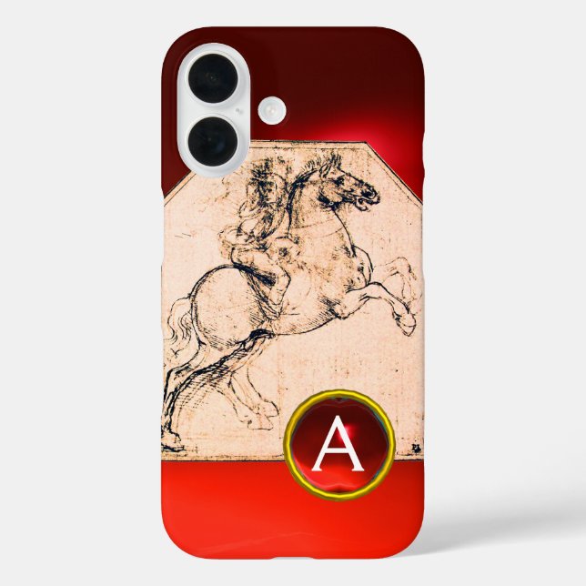 Knight on a Rearing Horse Red Ruby Gem Monogram Case-Mate iPhone Case (Back)