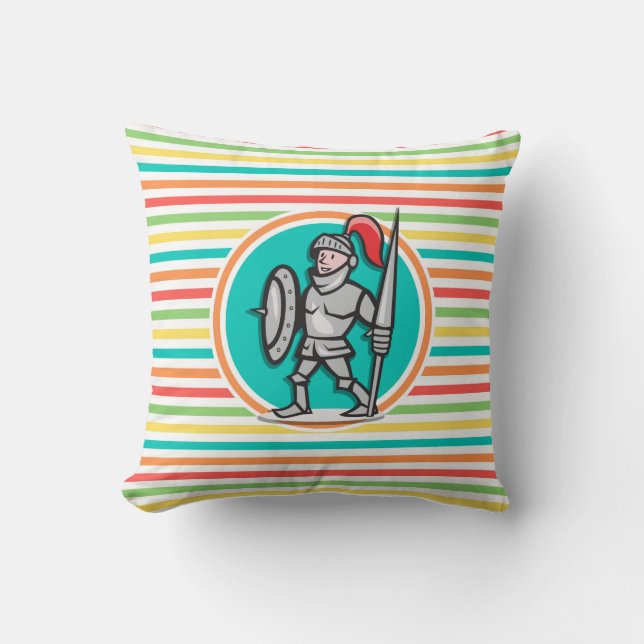 Knight on Bright Rainbow Stripes Cushion (Front)