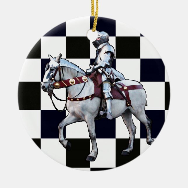 Knight on white horse with Chess board Ceramic Ornament (Front)