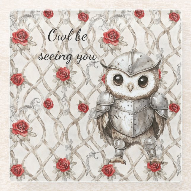Knight Owl in Shining Armor Red Roses Seeing You Glass Coaster (Front)