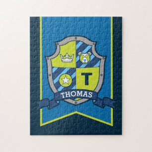 Knight prince crest personalised bear blue green jigsaw puzzle