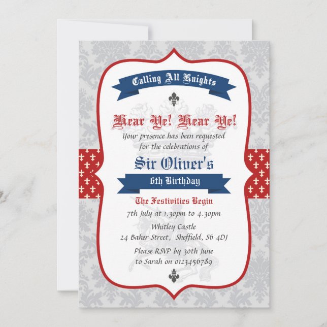 Knight themed birthday party invitation (Front)