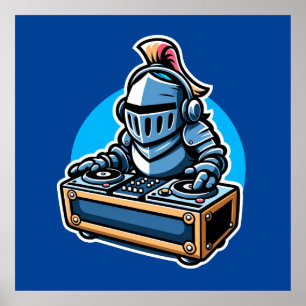 Knight Turntablist - Medieval DJ Cartoon Design Poster