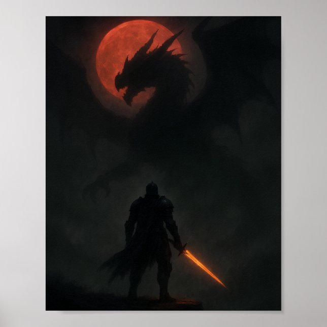 Knight vs Dragon Under the Blood Moon Fantasy Post Poster (Front)