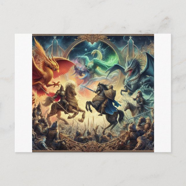 Knights battling mythical creatures postcard (Front)
