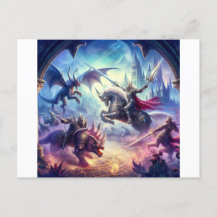 Knights battling mythical creatures postcard