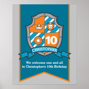 Knights boys 10th birthday heraldry crest welcome poster