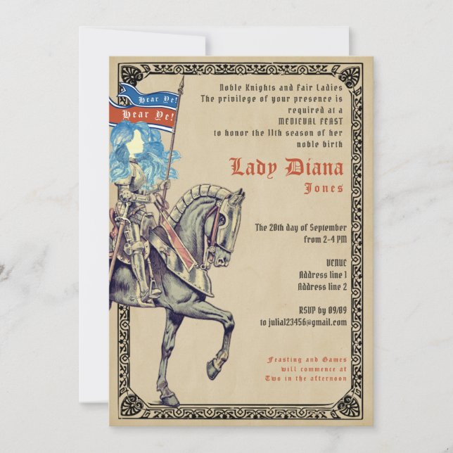 Knights & Ladies Mediaeval Feast and Joust Birthda Invitation (Front)