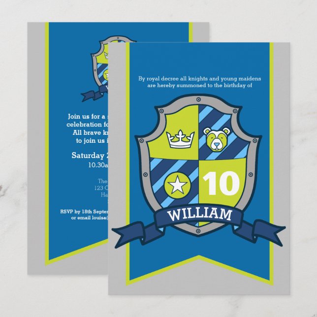 Knights mediaeval shield kids 10th birthday invite (Front/Back)