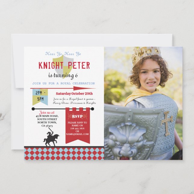 Knights Medieval Birthday Party Photo Red Invitation (Front)