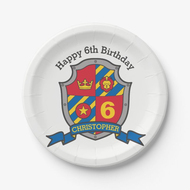 Knights shield 6th birthday party custom plate (Front)