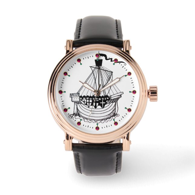 KNIGHTS TEMPLAR SHIP Black White Nautical Watch (Front)