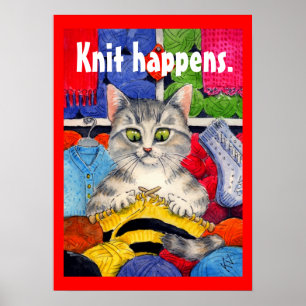Knit happens cute cat knitting poster