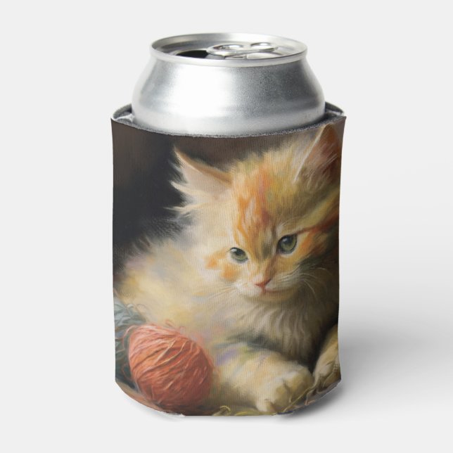 Knit Happens Orange Kitten Playing With Yarn Can Cooler (Can Front)